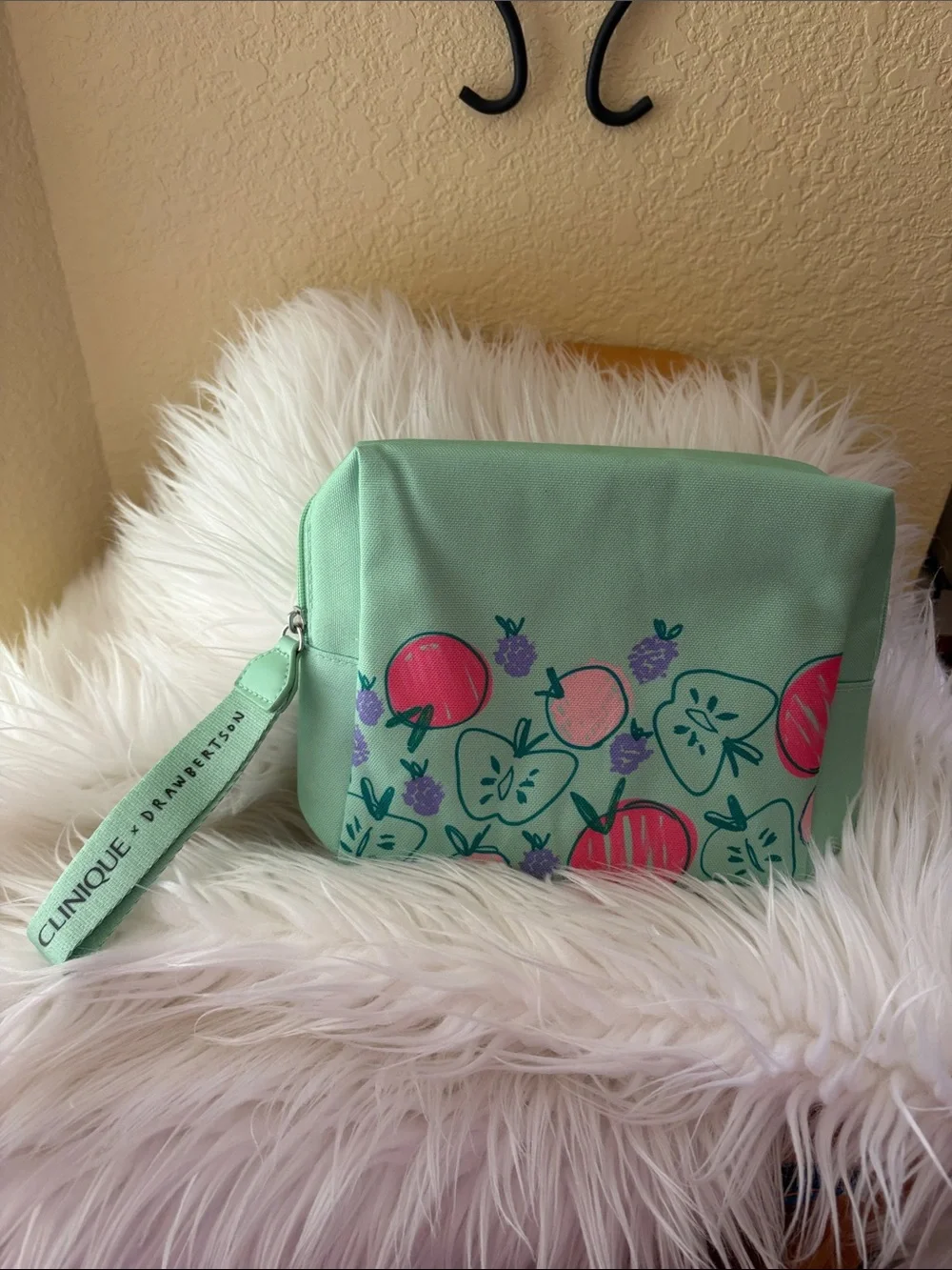 Clinique X Drawbrrtson Mint Green Strawberry Print Wristlet Cosmetic Pouch